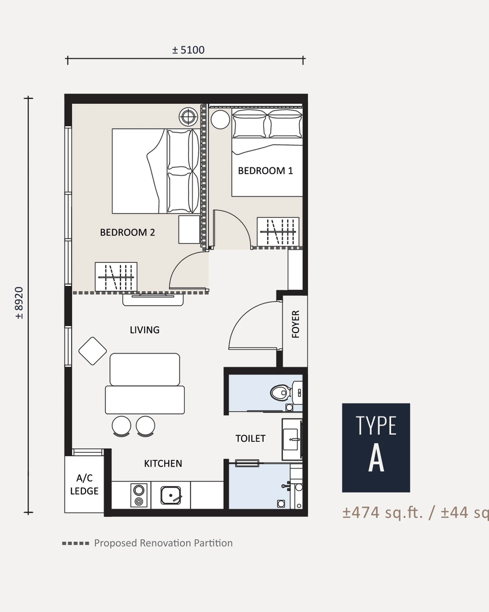 Type A 474 sqft floor plan layout, level 11 to 39
