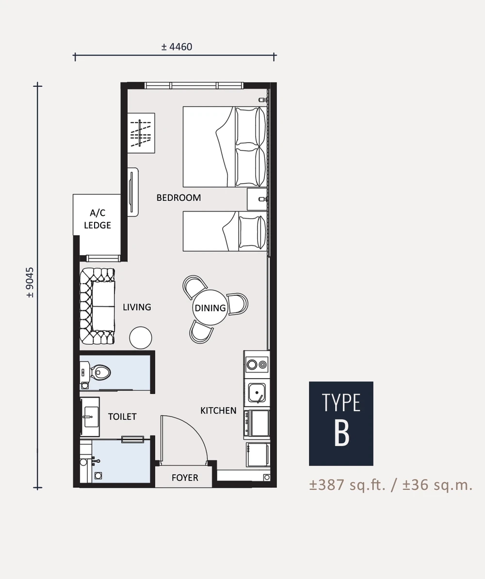Type B 387 sqft floor plan layout, level 11 to 39