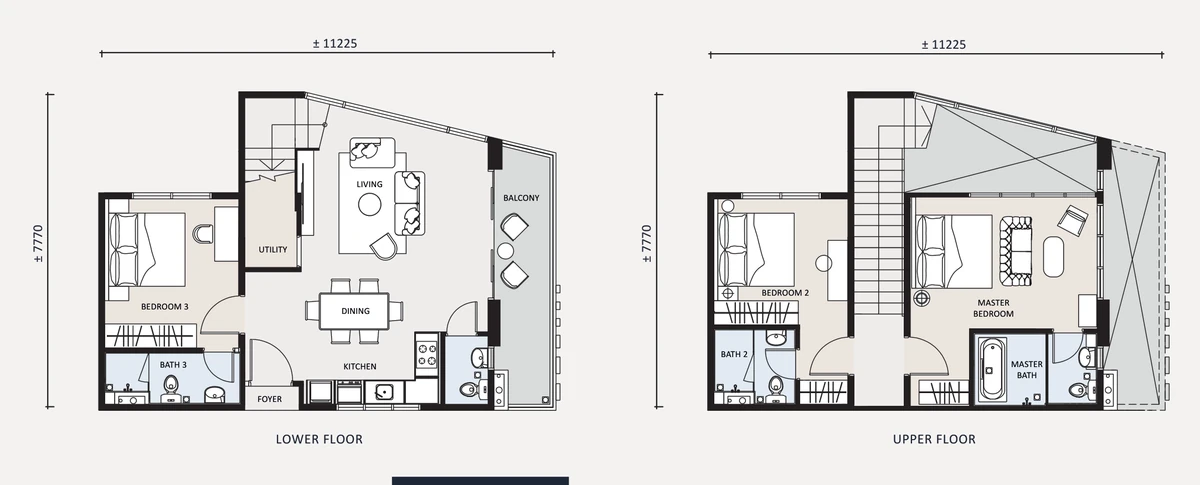 Duplex 1,356 sqft floor plan, lower and upper floor layout